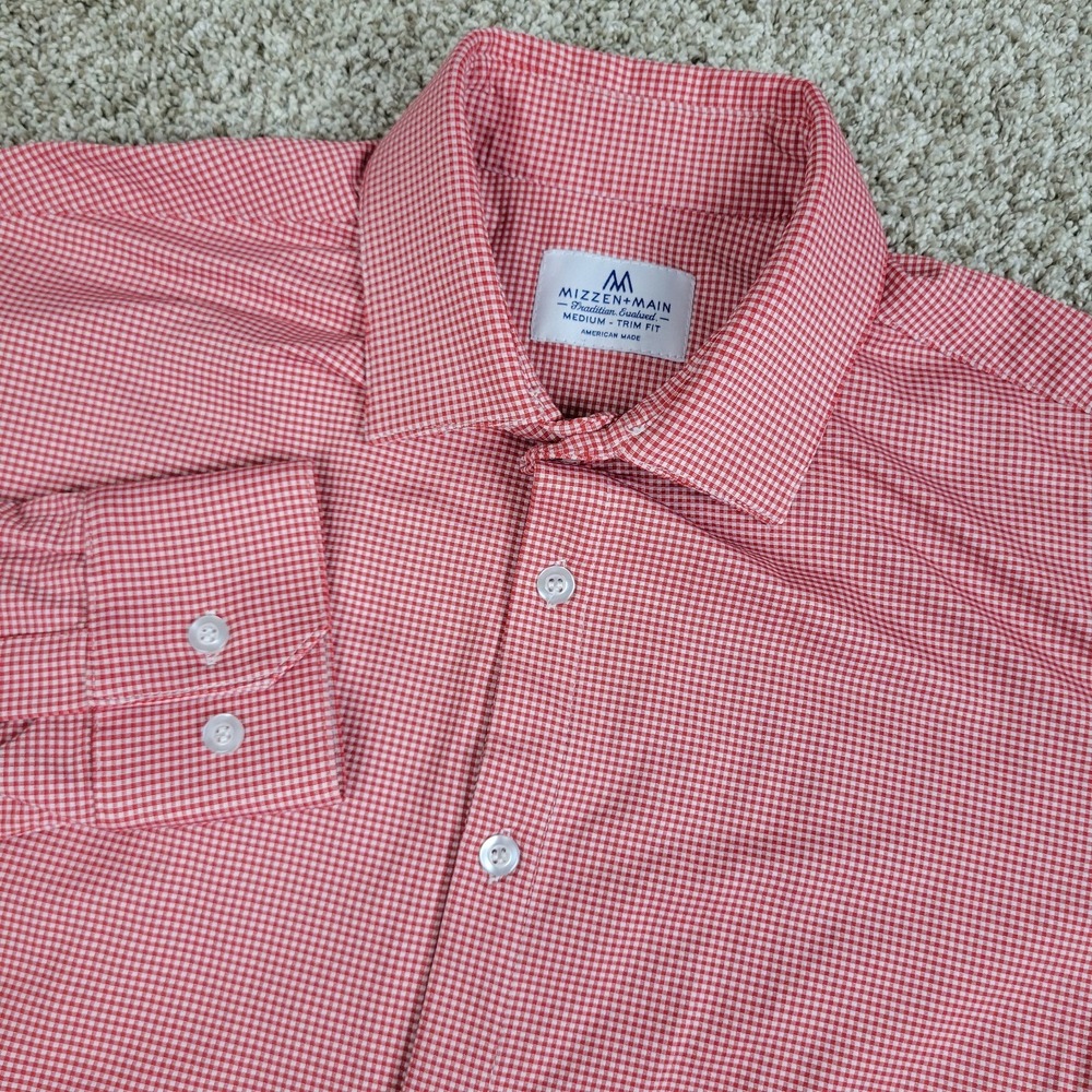 Mizzen+Main Mens Medium Red White Mini Check Performance Stretch Button Up LS